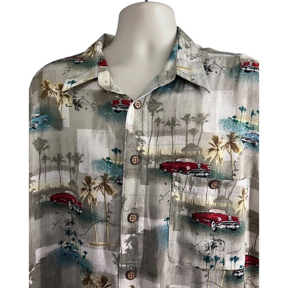 Mens Hawaiian Floral Button Up Camp Shirt XL Pocket Retro Classic Vintage Cars - Picture 4 of 9